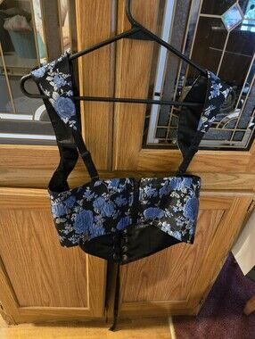 S. the Widow Black Bustier with Blue Floral Embroidery